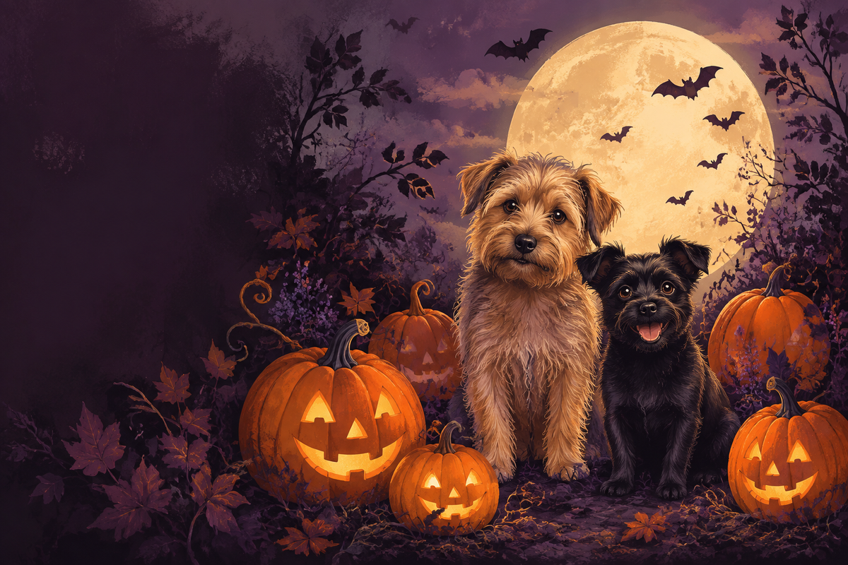 Deux chiens dans un jardin de citrouilles sous la lune, illustration Halloween WØDY