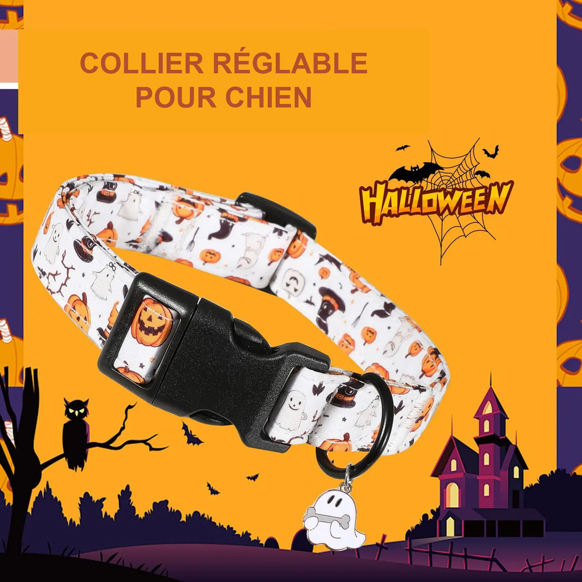 Collier Halloween réglable – Chien, 7 motifs