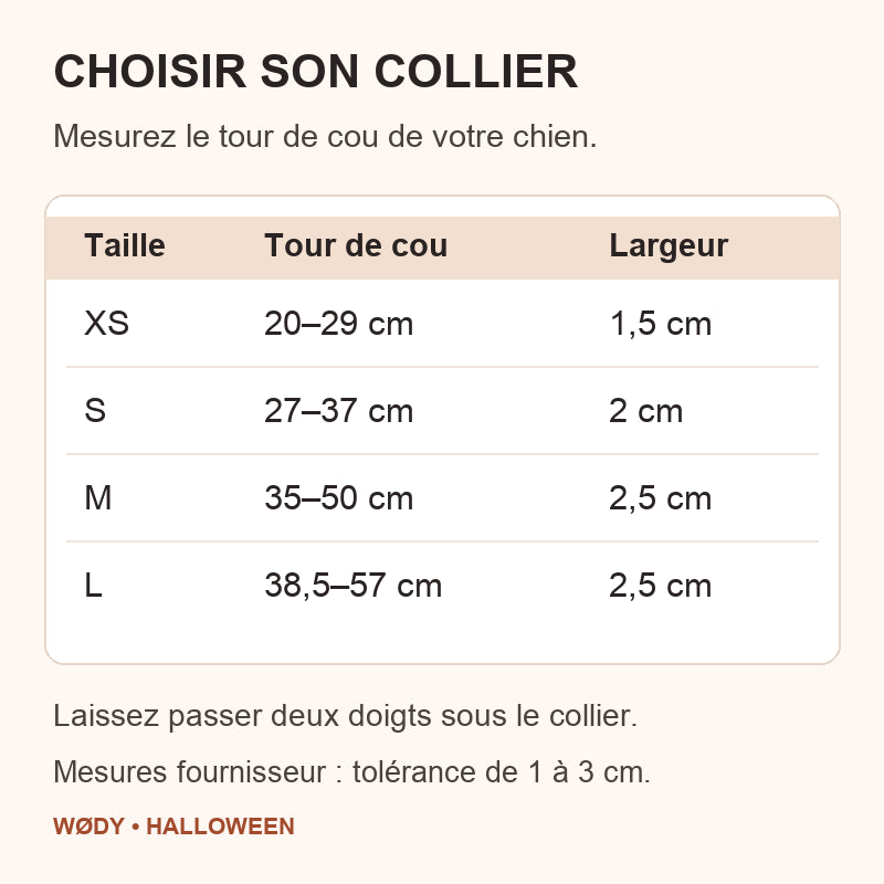 Guide des tailles du collier Halloween : XS 20–29 cm, S 27–37 cm, M 35–50 cm, L 38,5–57 cm de tour de cou