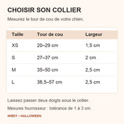 Guide des tailles du collier Halloween : XS 20–29 cm, S 27–37 cm, M 35–50 cm, L 38,5–57 cm de tour de cou
