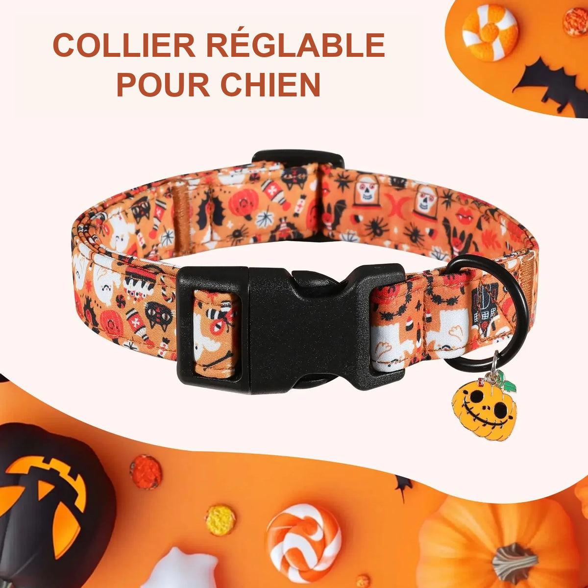 Collier Halloween réglable – Chien, 7 motifs