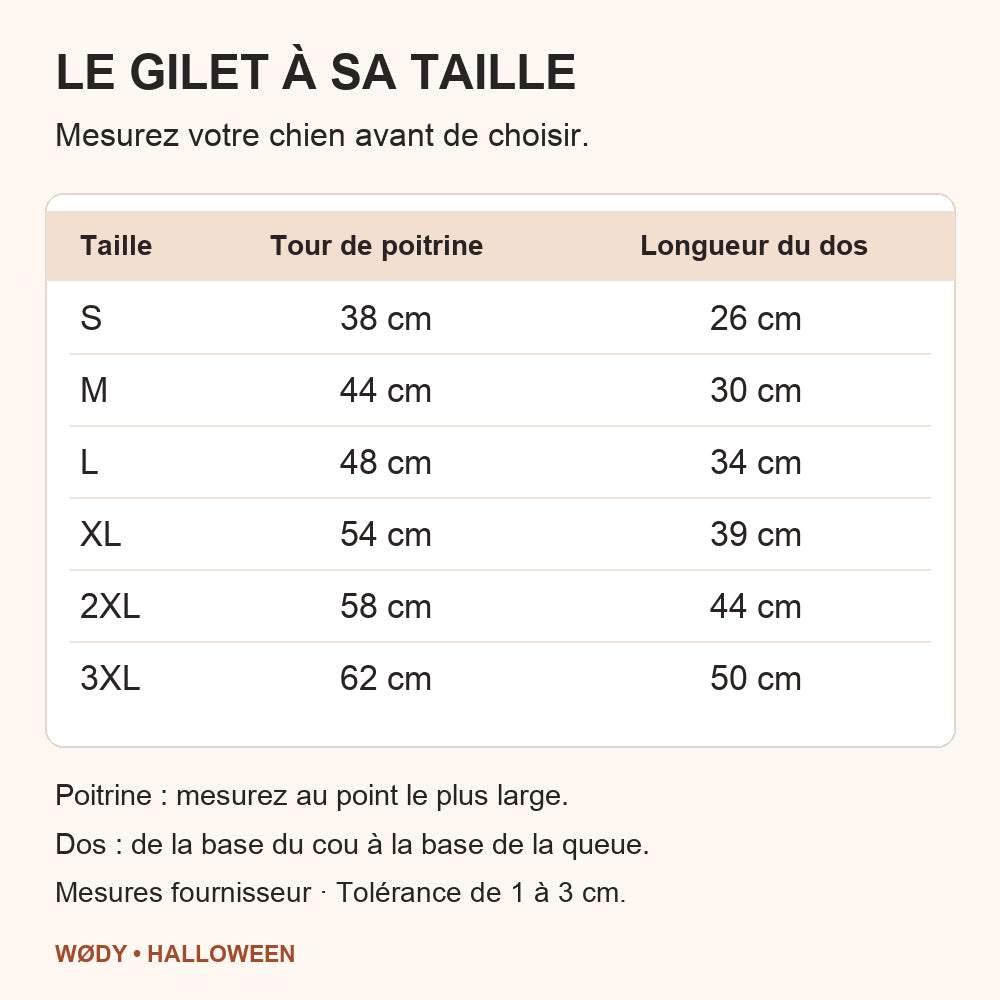 Guide des tailles du gilet Halloween pour chien : tours de poitrine et longueurs du dos du S au 3XL, en centimètres.
