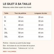 Guide des tailles du gilet Halloween pour chien : tours de poitrine et longueurs du dos du S au 3XL, en centimètres.